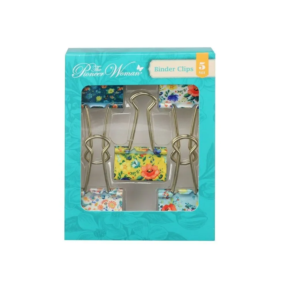 Pioneer Woman Metal Binder Clips Multicolor Floral 5ct Gold Handle 1.25in New